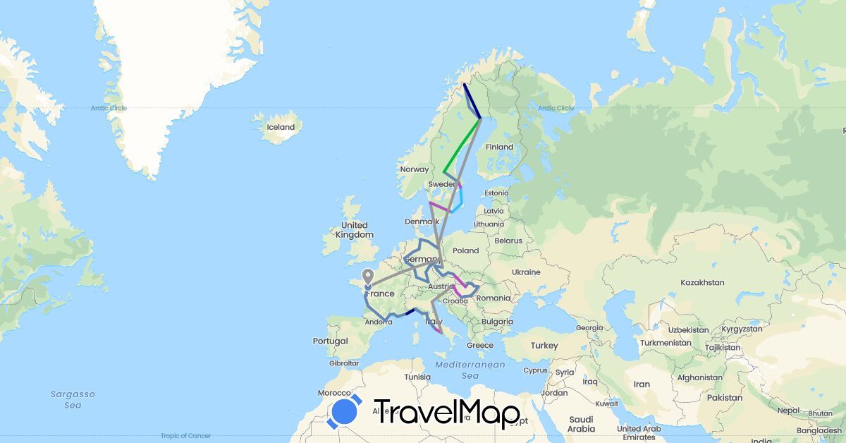 TravelMap itinerary: driving, bus, plane, cycling, train, boat in Czech Republic, Germany, France, Hungary, Italy, Sweden (Europe)
